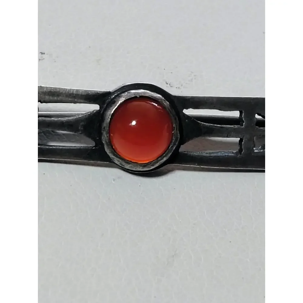 Vintage Sterling Silver Carnelian Arts & Crafts Openwork Bar Brooch Pin 925